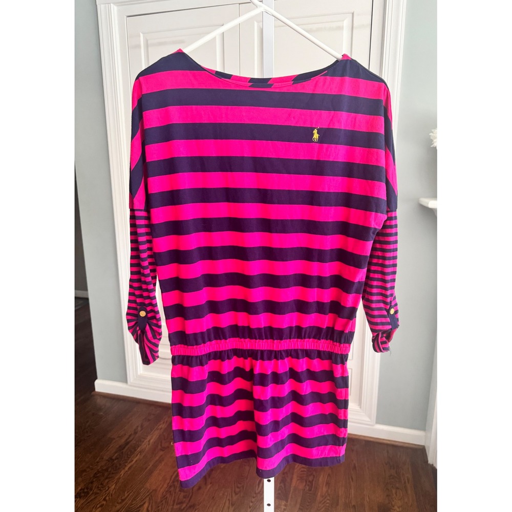 Polo Ralph Lauren Girls Pink Navy Striped Dress Gold Button Size L 12-14